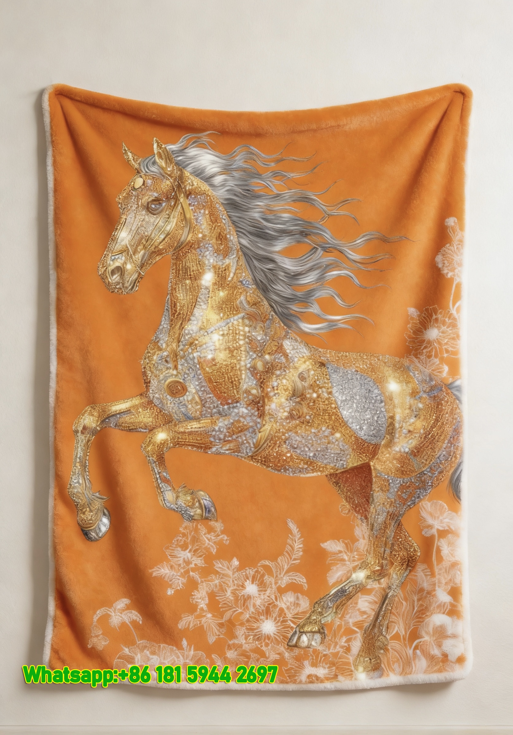 Luxury Hermès Inspired Golden Horse Flannel Throw Blanket IMG_5179